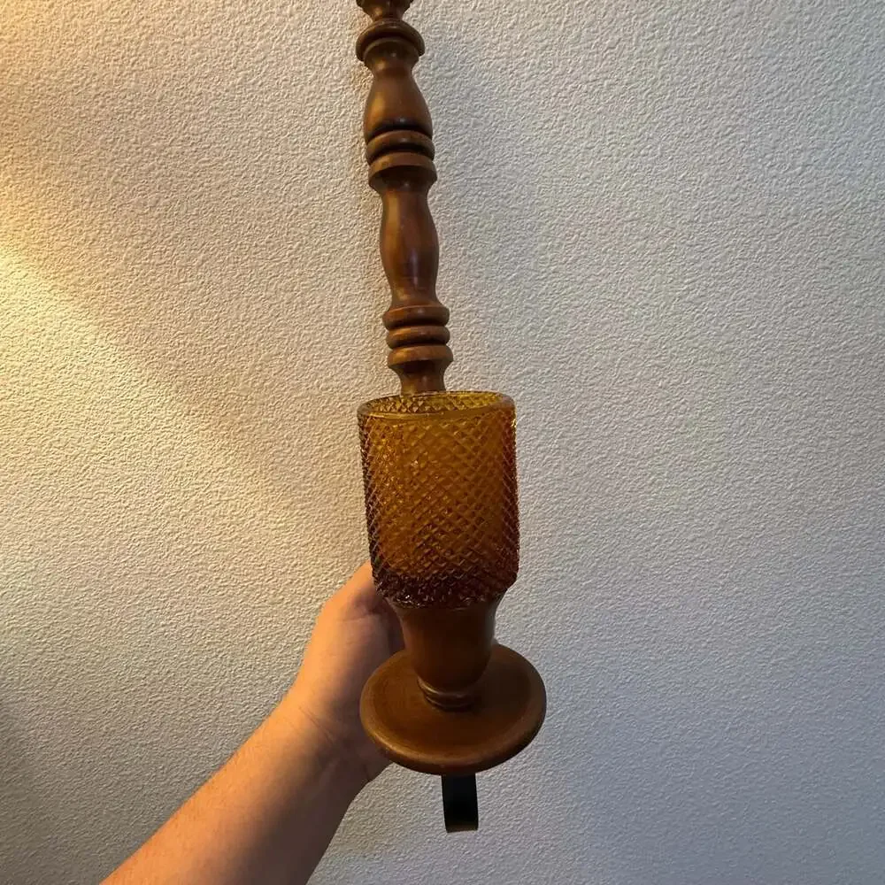 Vintage Wood and Metal Wall Sconces with Amber Diamond Point Glass Votives